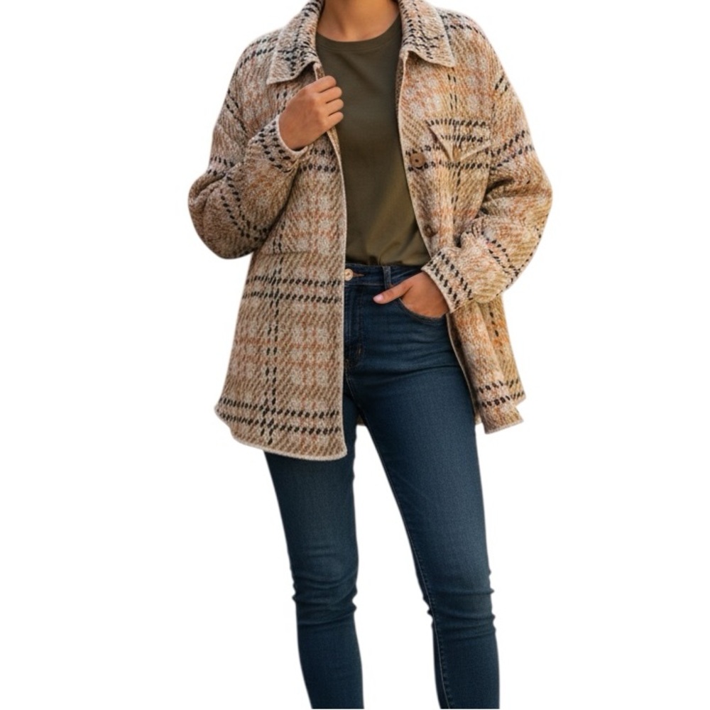 Plaid Women's Cardigan Sweater - Cream and Tan - Picture 1 of 15